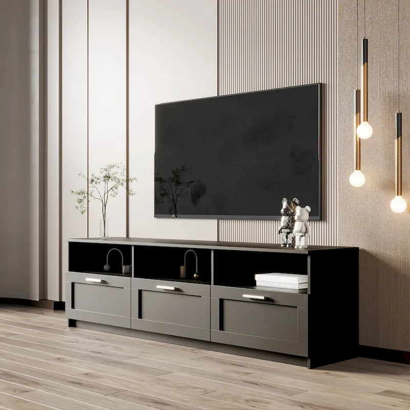 Moderner minimalistischer TV-Schrank mit 3 offenen Fächern und 3 Schubladen aus hochdichter Platte, geeignet für Fernseher bis 80 inch