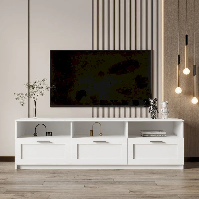 Moderner minimalistischer TV-Schrank mit 3 offenen Fächern und 3 Schubladen aus hochdichter Platte, geeignet für Fernseher bis 80 inch