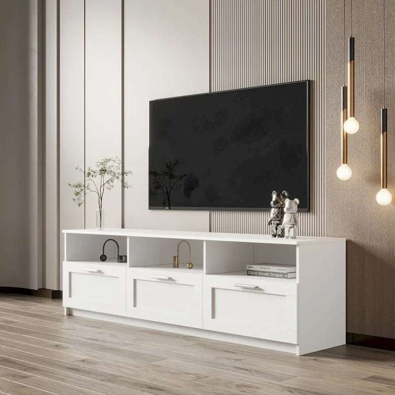 Moderner minimalistischer TV-Schrank mit 3 offenen Fächern und 3 Schubladen aus hochdichter Platte, geeignet für Fernseher bis 80 inch