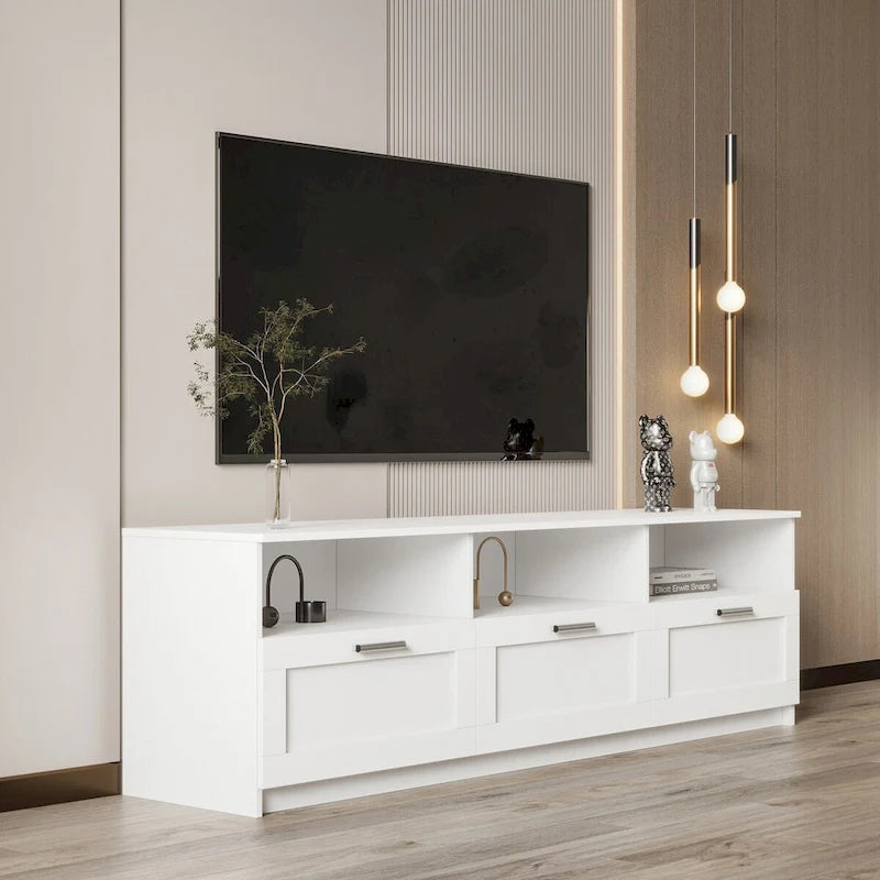 Moderner minimalistischer TV-Schrank mit 3 offenen Fächern und 3 Schubladen aus hochdichter Platte, geeignet für Fernseher bis 80 inch