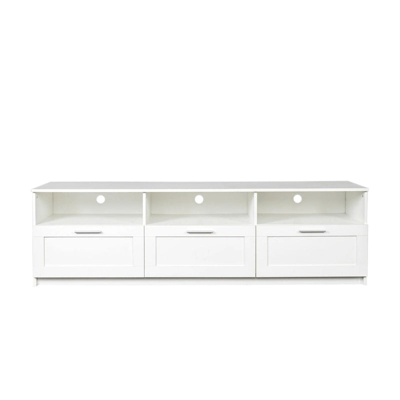 Moderner minimalistischer TV-Schrank mit 3 offenen Fächern und 3 Schubladen aus hochdichter Platte, geeignet für Fernseher bis 80 inch