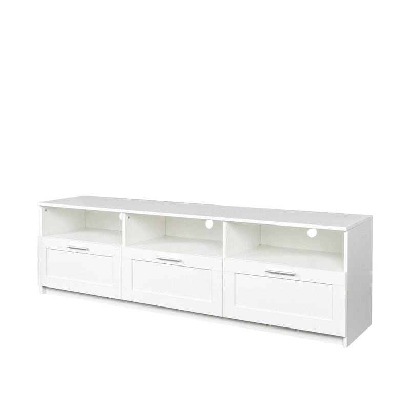 Moderner minimalistischer TV-Schrank mit 3 offenen Fächern und 3 Schubladen aus hochdichter Platte, geeignet für Fernseher bis 80 inch