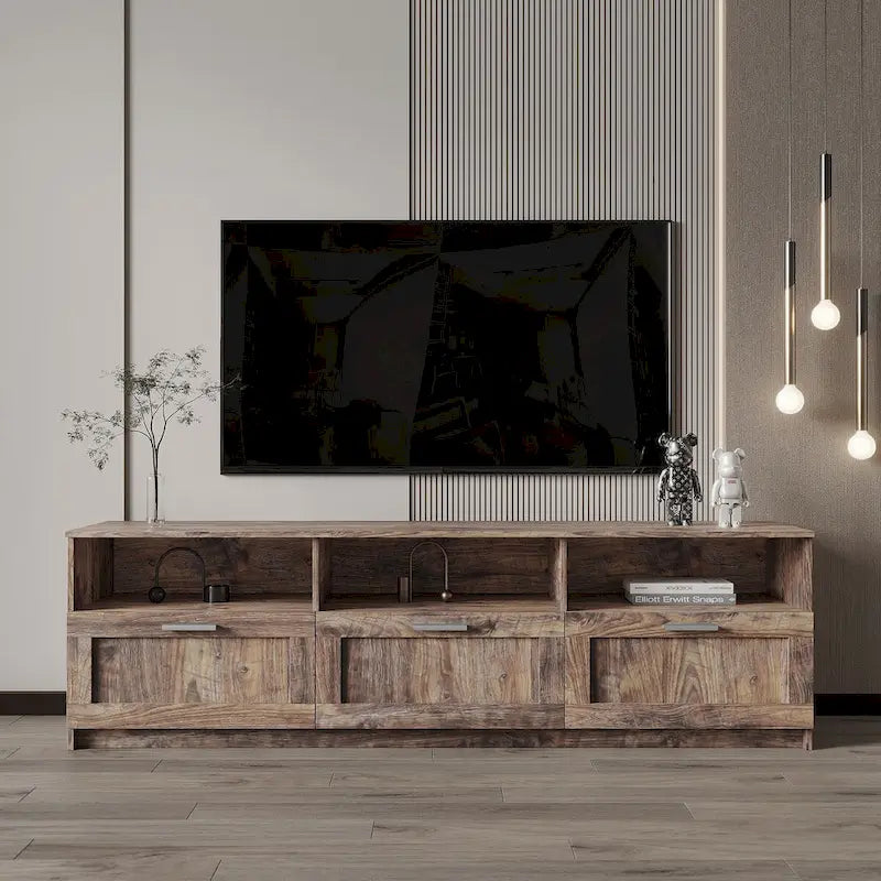 Moderner minimalistischer TV-Schrank mit 3 offenen Fächern und 3 Schubladen aus hochdichter Platte, geeignet für Fernseher bis 80 inch