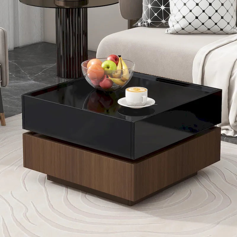 360° drehbarer Couchtisch mit 2 Schubladen und erhöhtem Rand, hochglänzende UV-Beschichtung, quadratisch