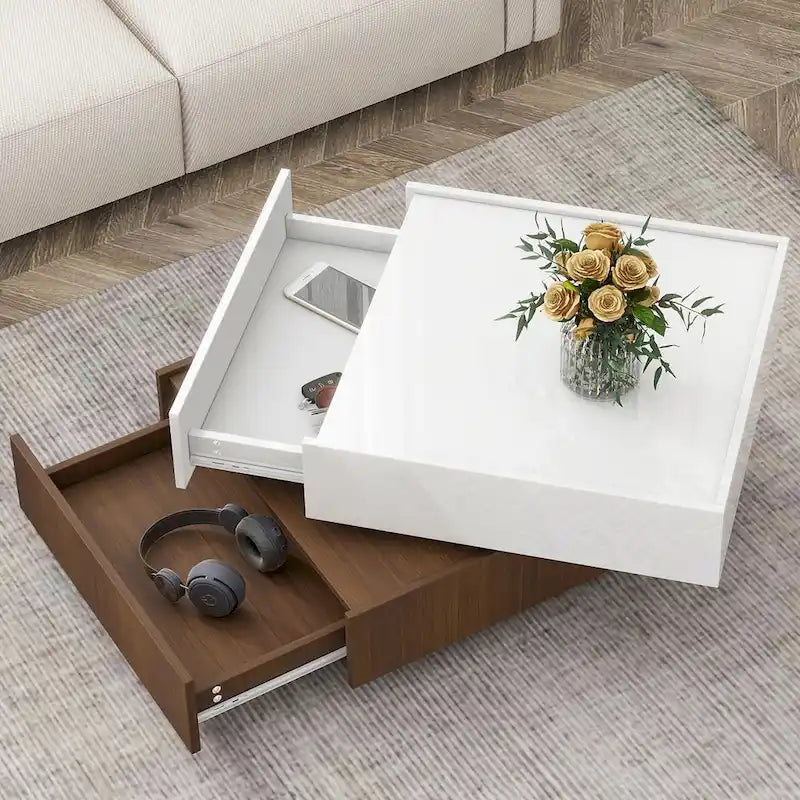360° drehbarer Couchtisch mit 2 Schubladen und erhöhtem Rand, hochglänzende UV-Beschichtung, quadratisch