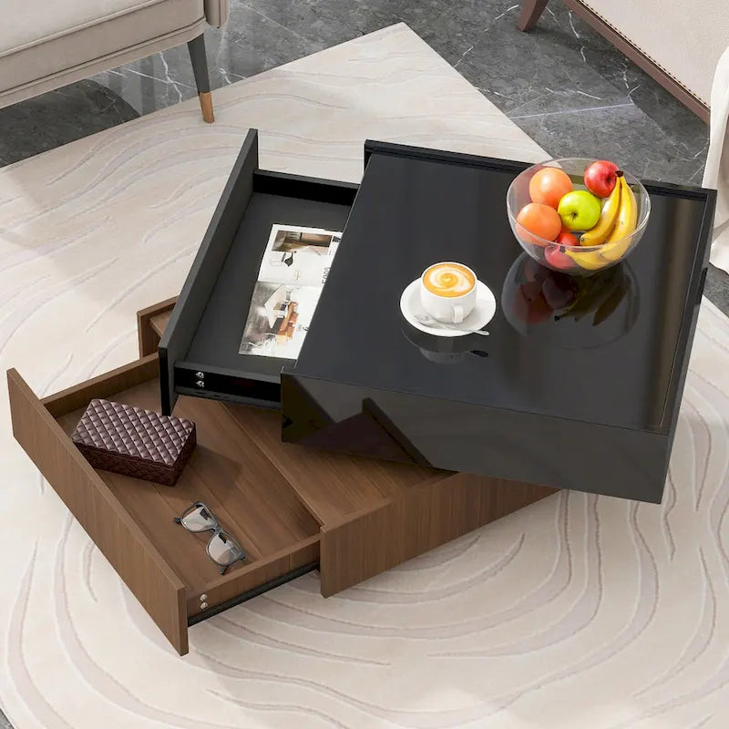 360° drehbarer Couchtisch mit 2 Schubladen und erhöhtem Rand, hochglänzende UV-Beschichtung, quadratisch