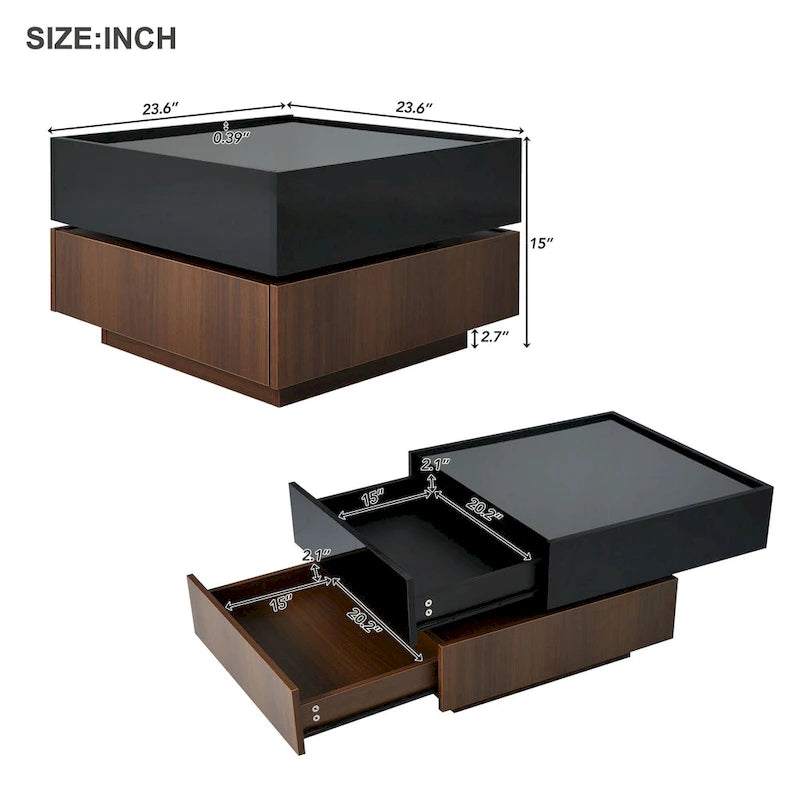 360° drehbarer Couchtisch mit 2 Schubladen und erhöhtem Rand, hochglänzende UV-Beschichtung, quadratisch