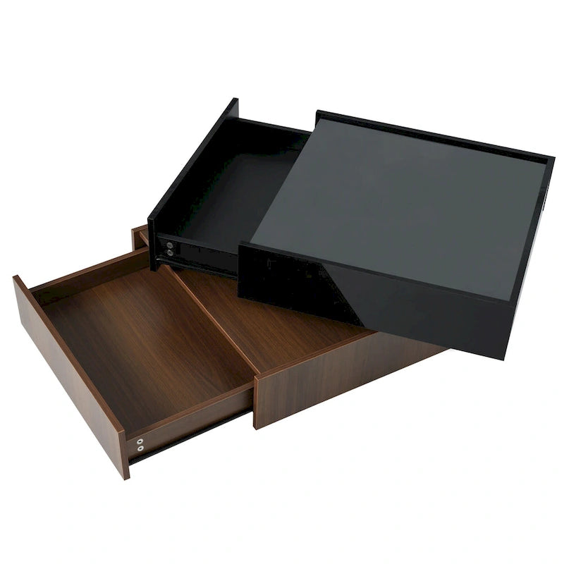 360° drehbarer Couchtisch mit 2 Schubladen und erhöhtem Rand, hochglänzende UV-Beschichtung, quadratisch