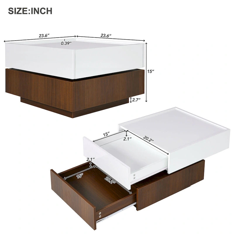 360° drehbarer Couchtisch mit 2 Schubladen und erhöhtem Rand, hochglänzende UV-Beschichtung, quadratisch