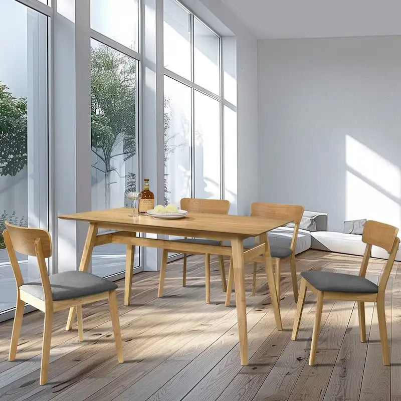 Esszimmerstuhl im Mid-Century-Stil mit gepolsterter Schaumstoffsitzfläche, Leiterlehne und Rubberwood-Gestell, 2er-Set, Eiche