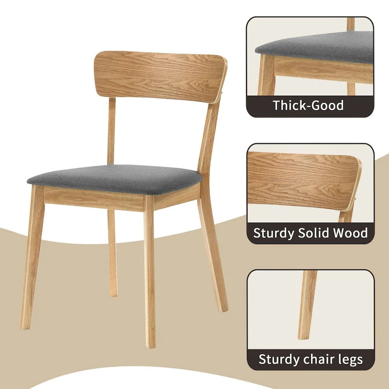 Esszimmerstuhl im Mid-Century-Stil mit gepolsterter Schaumstoffsitzfläche, Leiterlehne und Rubberwood-Gestell, 2er-Set, Eiche