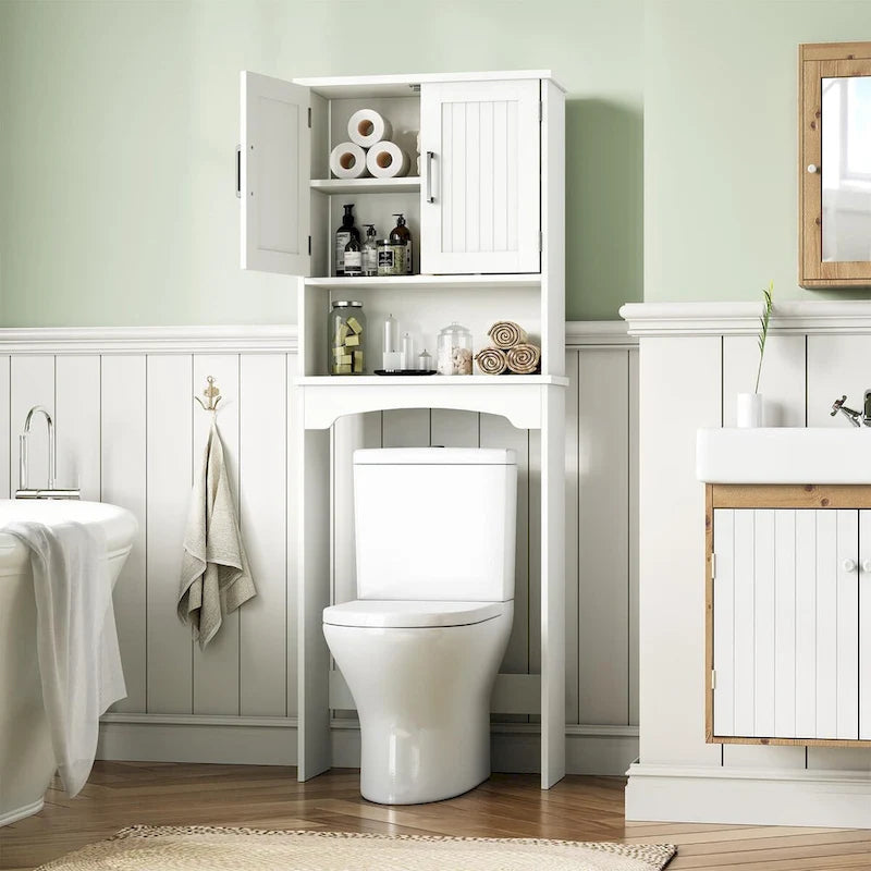 Over-The-Toilet Storage Cabinet with Double Doors, Anti-Tip Wall Mount, Waterproof MDF, White