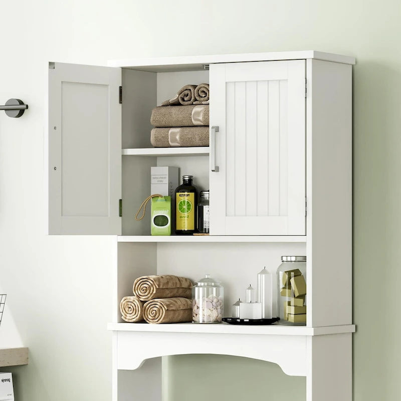 Over-The-Toilet Storage Cabinet with Double Doors, Anti-Tip Wall Mount, Waterproof MDF, White
