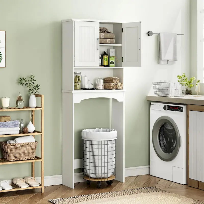 Over-The-Toilet Storage Cabinet with Double Doors, Anti-Tip Wall Mount, Waterproof MDF, White