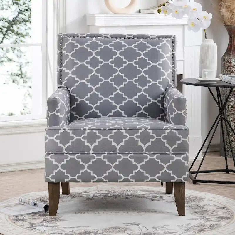 Fabric Upholstered Accent Chair with Wood Legs and Nail Trim Detail, High Density Foam Seat