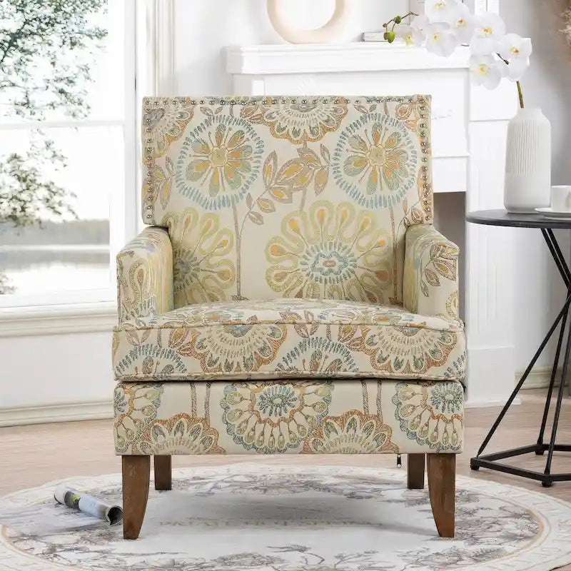 Fabric Upholstered Accent Chair with Wood Legs and Nail Trim Detail, High Density Foam Seat