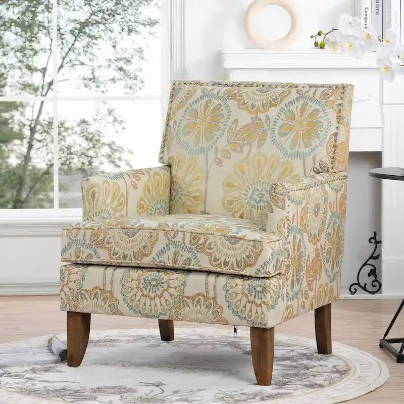 Fabric Upholstered Accent Chair with Wood Legs and Nail Trim Detail, High Density Foam Seat