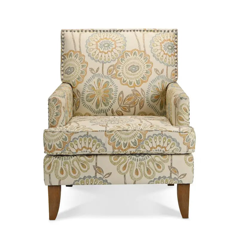 Fabric Upholstered Accent Chair with Wood Legs and Nail Trim Detail, High Density Foam Seat